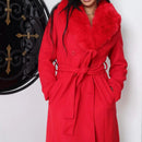 Sobretudo Feminino de Lã Batida com Faixa e Capuz Ajustável