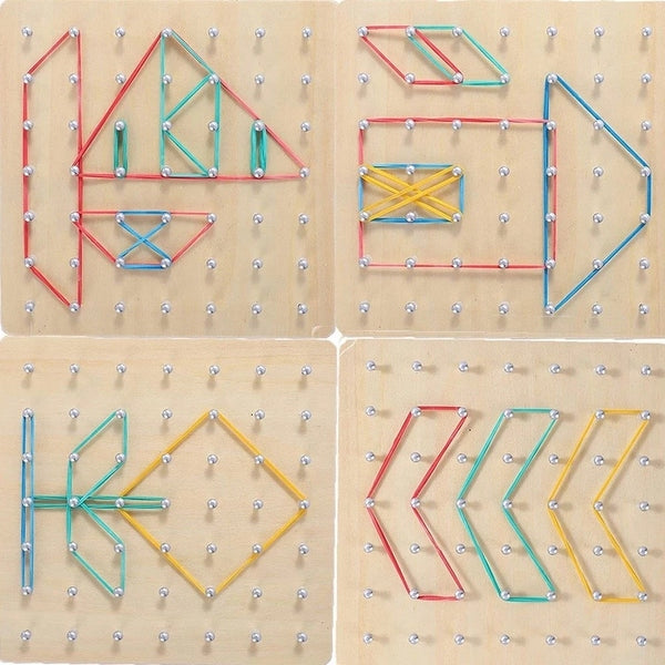 Brinquedo Montessori de Geometria em Madeira – Tabuleiro Educativo com Elásticos Coloridos para Crianças