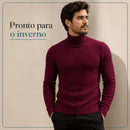 Pulôver Masculino Gola Alta em Malha Trançada - Suéter Casual Quente para Inverno